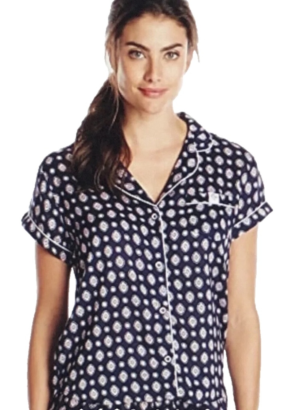 Tommy Hilfiger Womens Indigo Medallion Button Front Notched Collar Pajama Top
